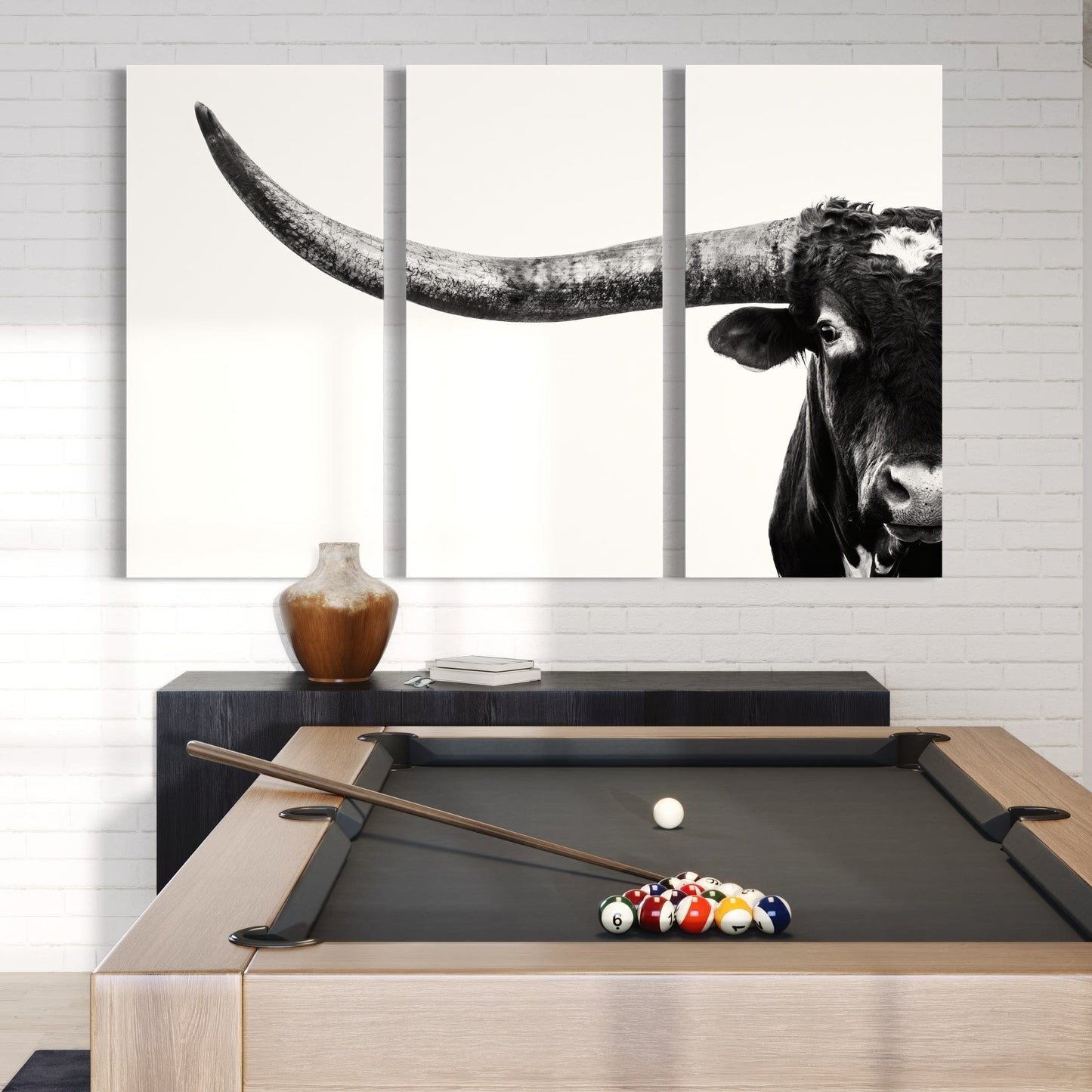 3 Piece Black and White Longhorn Canvas Wall Art Teri James Photography