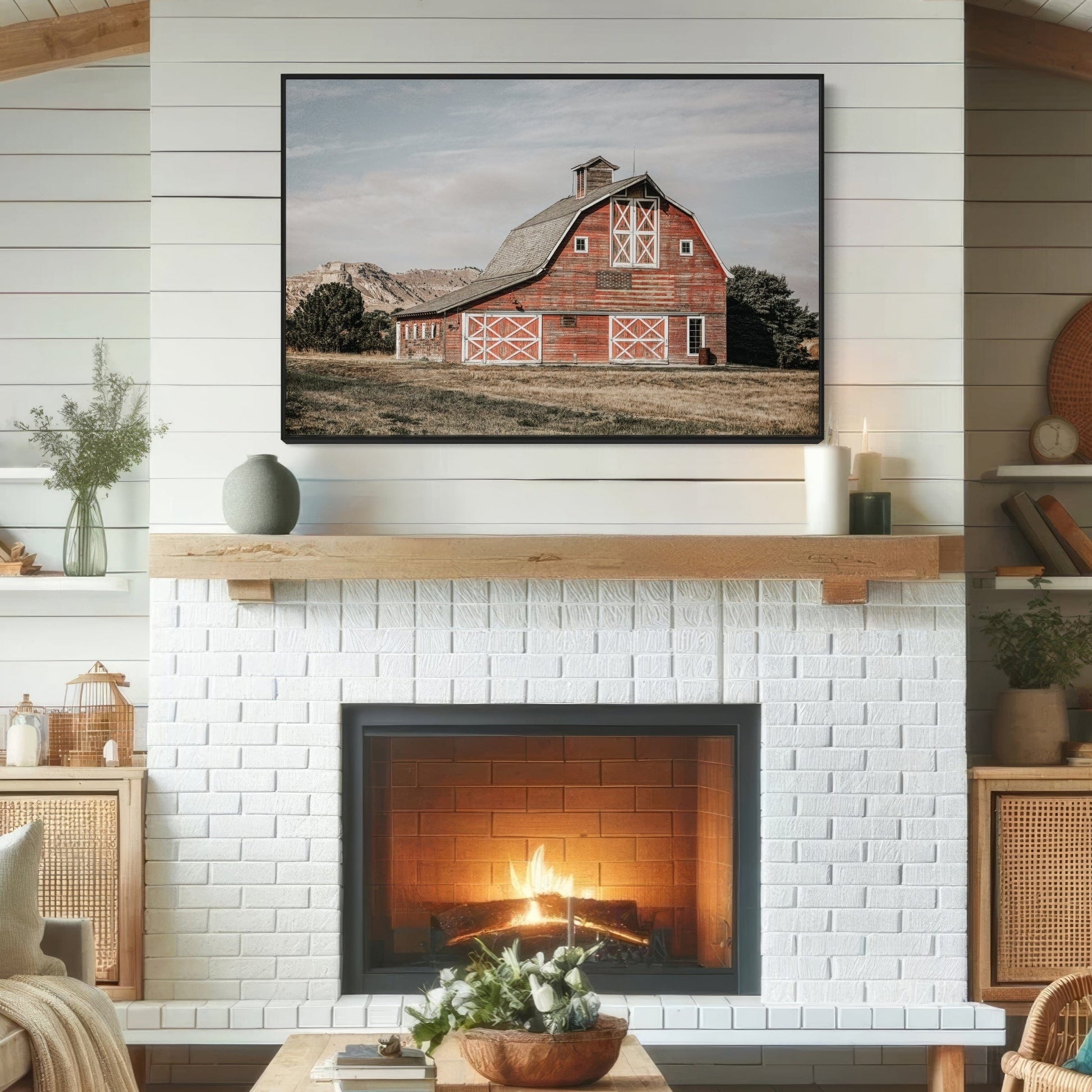 Americana Wall Art Canvas- Old Red Barn and American Flag Wall Art Teri James Photography