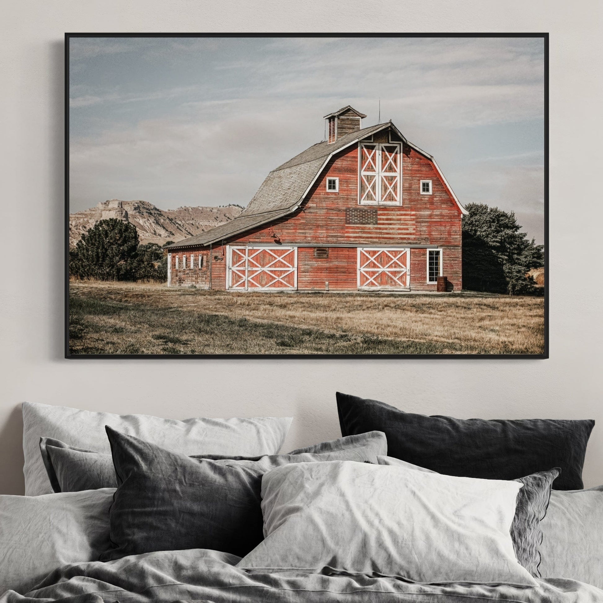 Americana Wall Art Canvas- Old Red Barn and American Flag Wall Art Teri James Photography