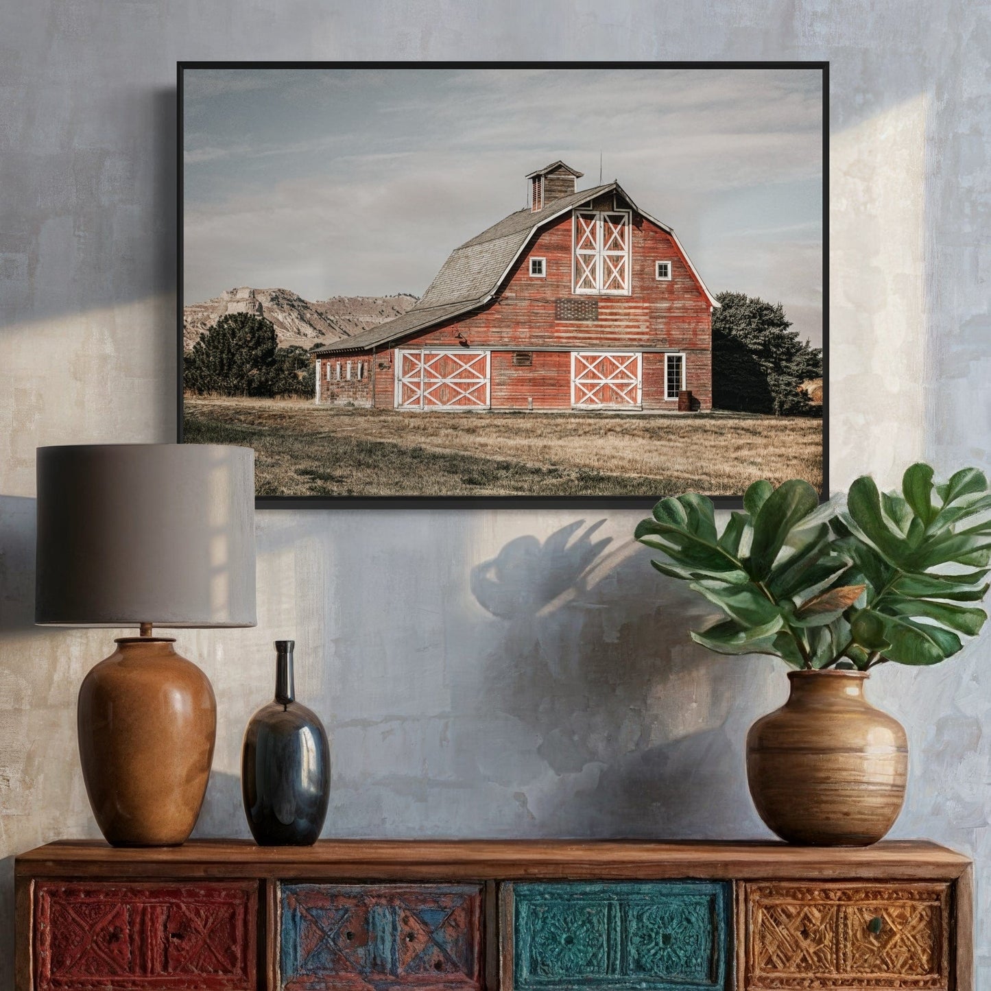 Americana Wall Art Canvas- Old Red Barn and American Flag Wall Art Teri James Photography