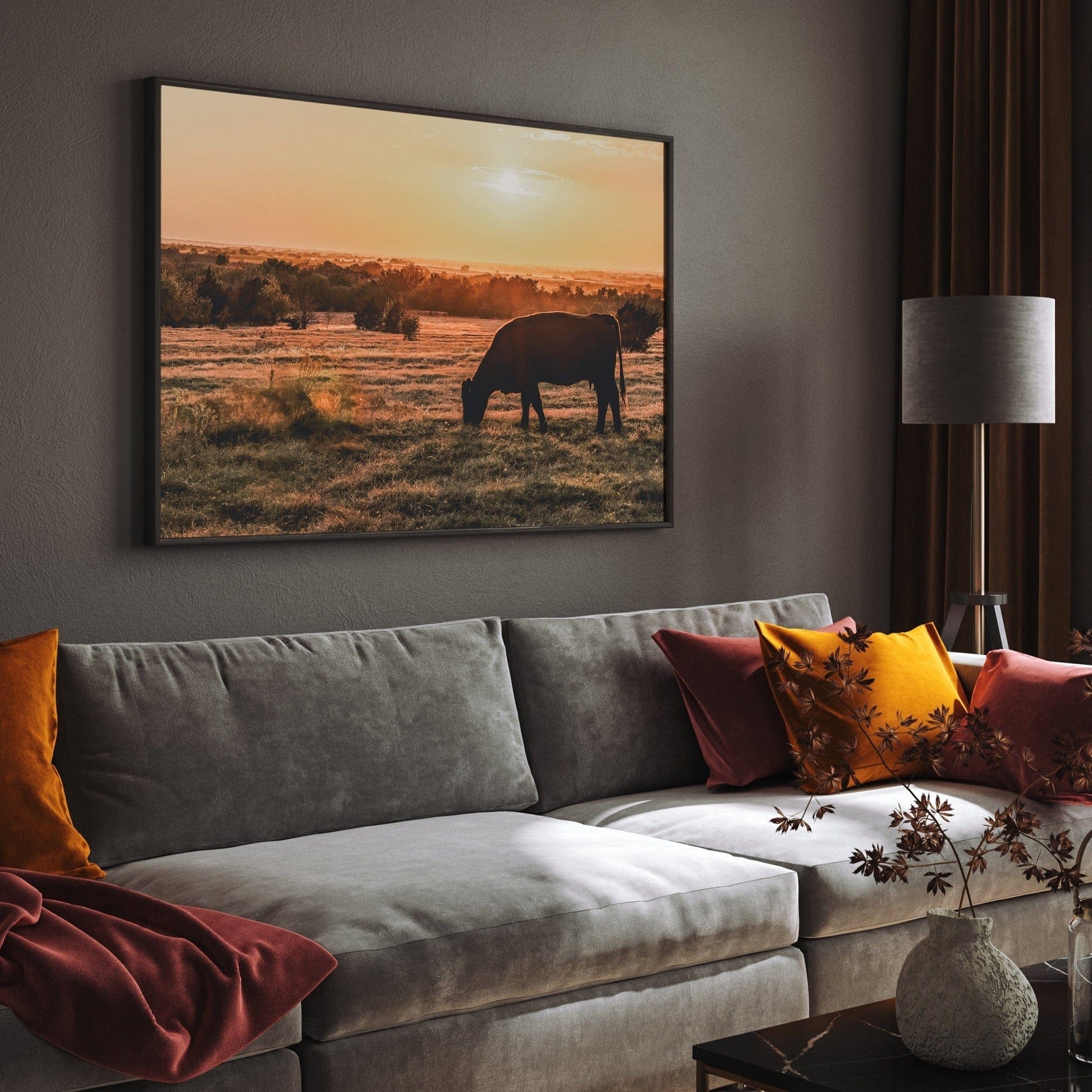 Angus Cow and Oklahoma Sunset Canvas Wall Art Teri James Photography