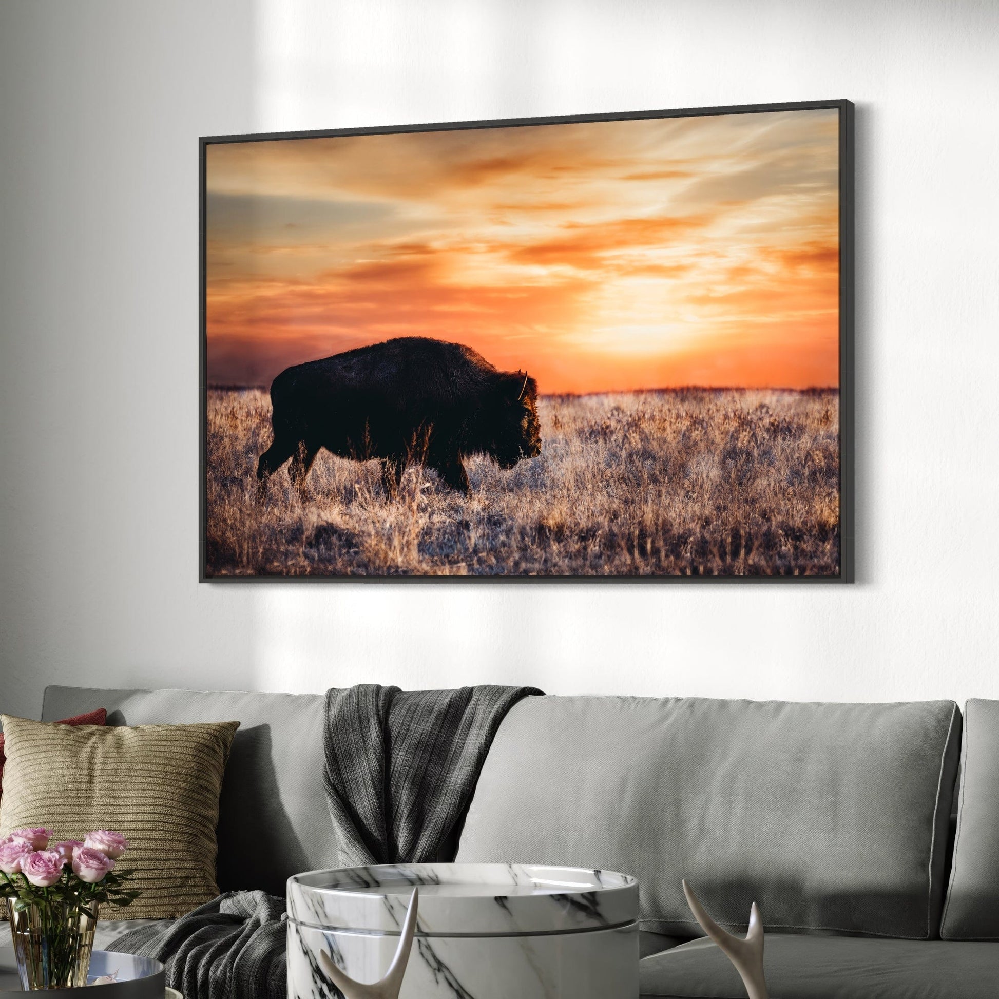 Bison Wall Art Canvas - Colorful Orange Sunset Wall Art Teri James Photography