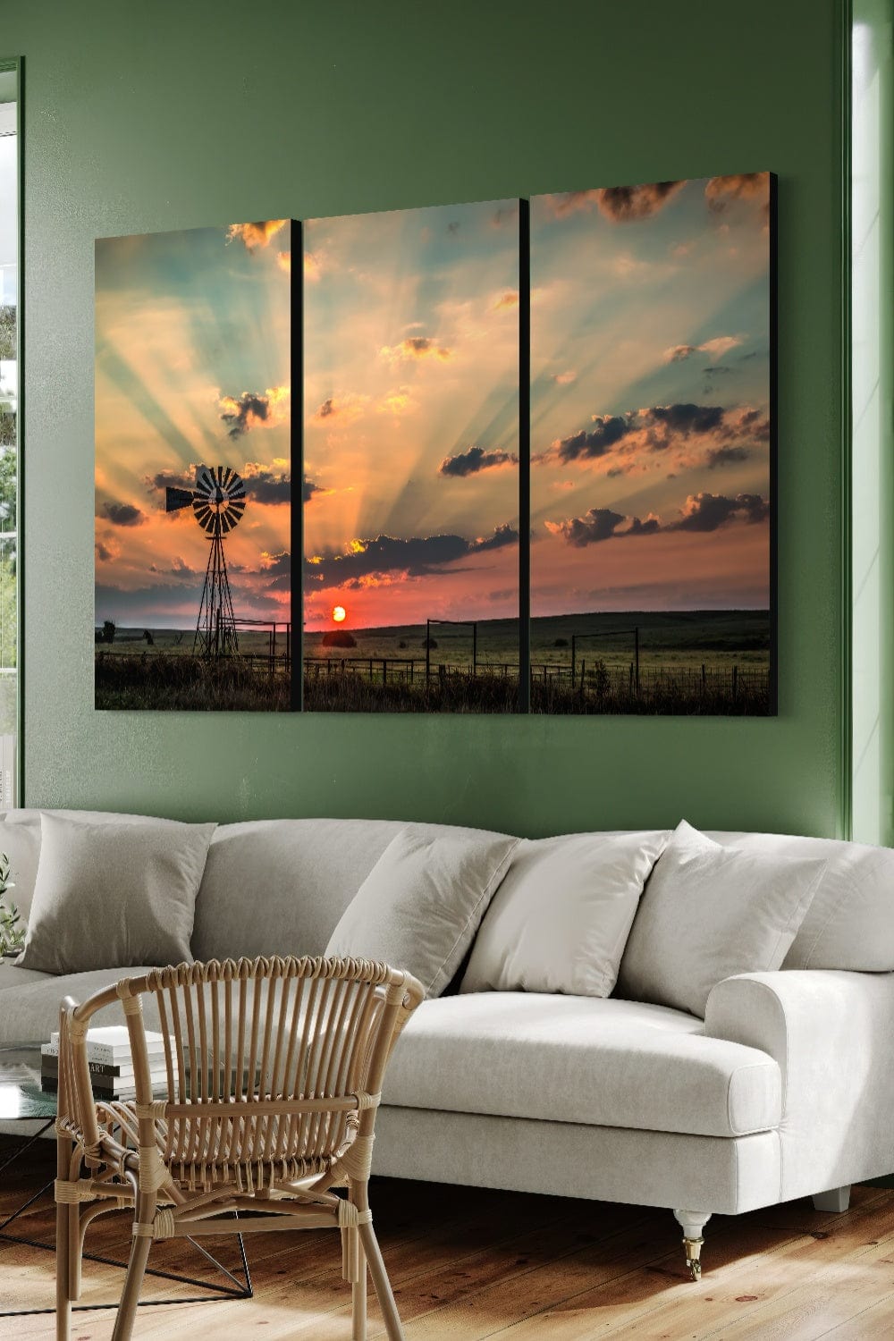 Canvas Triptych Wall Art - Old Oklahoma Windmill at Sunrise Wall Art Teri James Photography