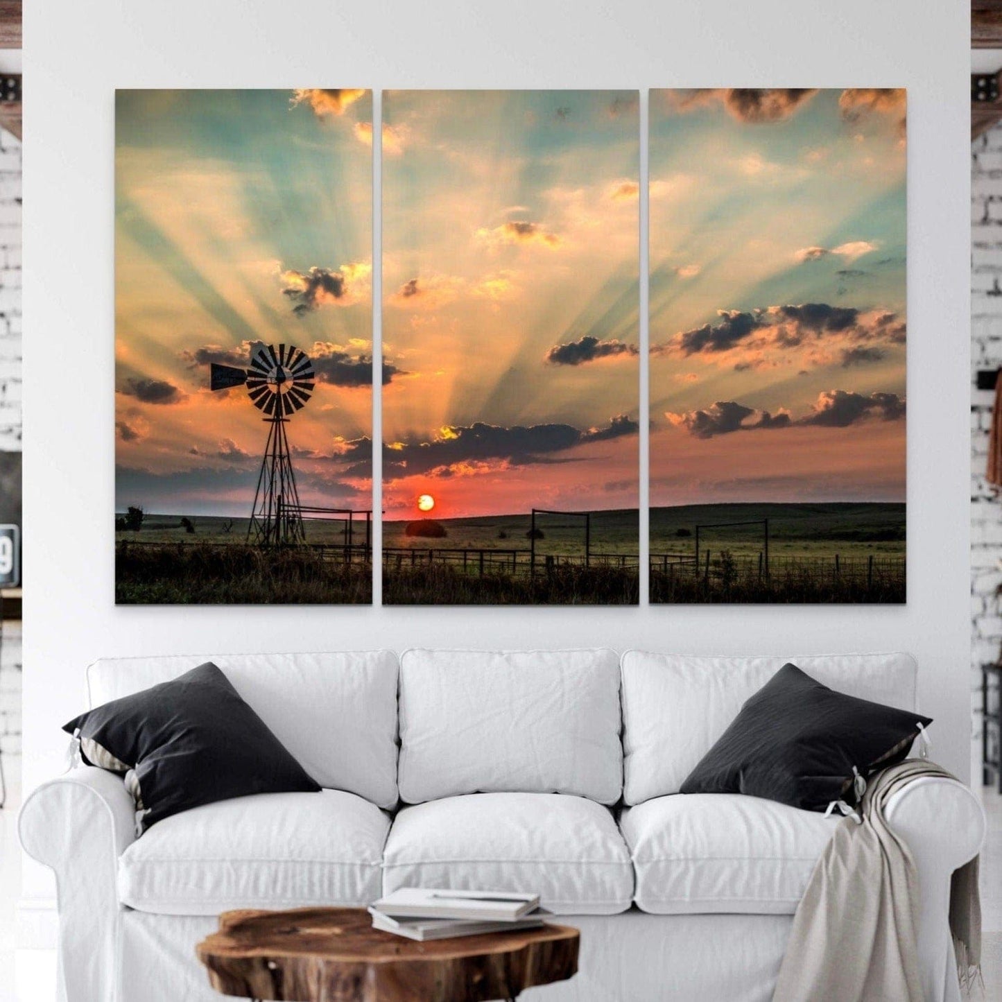 Canvas Triptych Wall Art - Old Oklahoma Windmill at Sunrise 48" x 72" (3 @ 24" x 48") Wall Art Teri James Photography