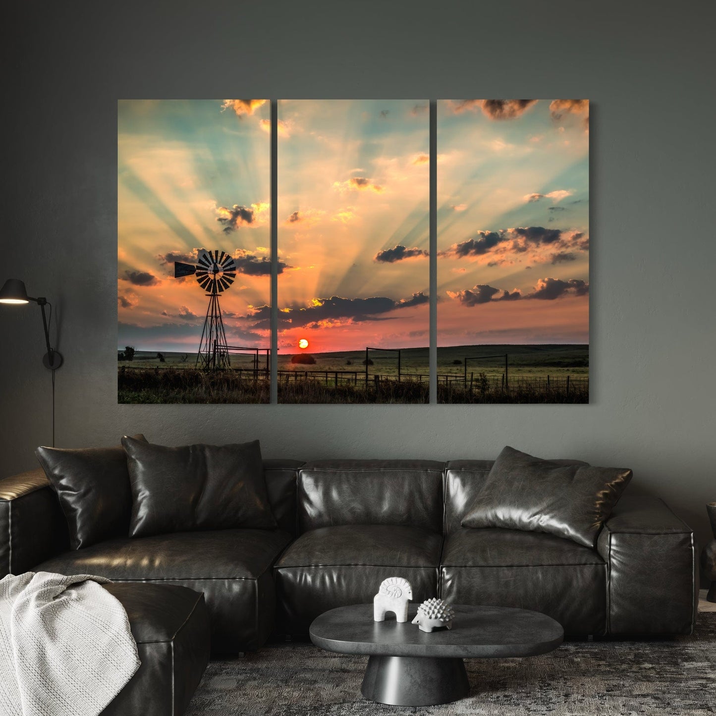 Canvas Triptych Wall Art - Old Oklahoma Windmill at Sunrise Wall Art Teri James Photography