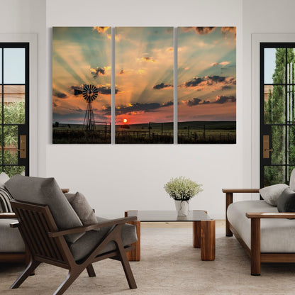 Canvas Triptych Wall Art - Old Oklahoma Windmill at Sunrise Wall Art Teri James Photography