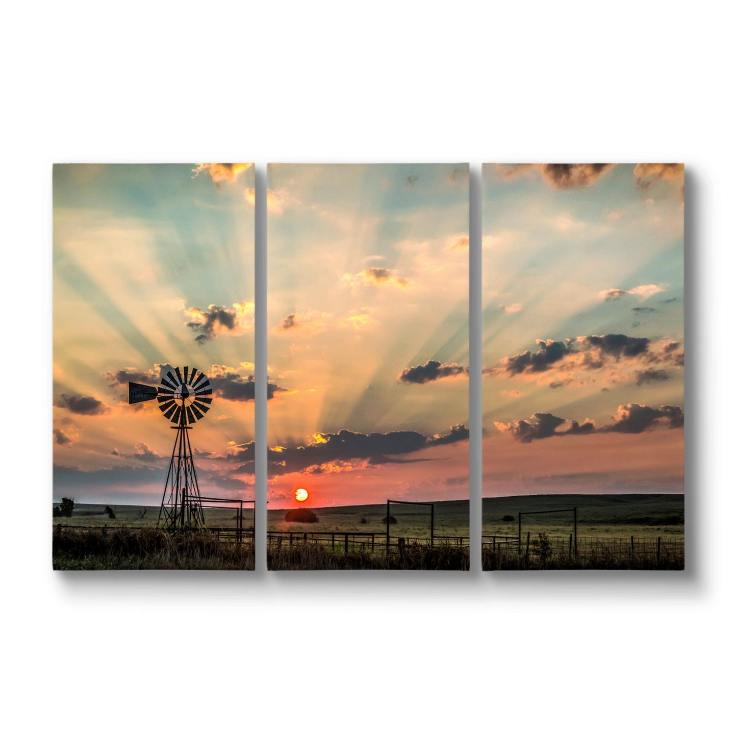 Canvas Triptych Wall Art - Old Oklahoma Windmill at Sunrise Wall Art Teri James Photography