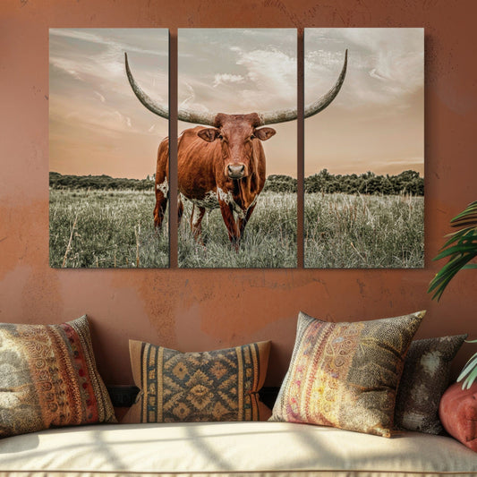 Extra Large Longhorn Art - 3 Piece Triptych Canvas Wall Art Teri James Photography