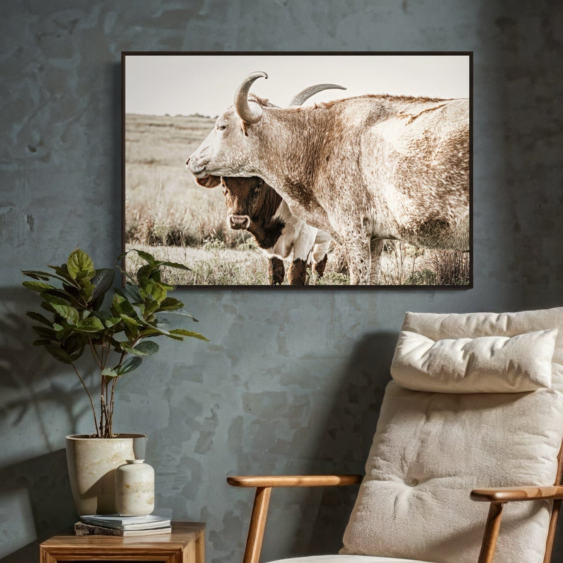 Large Western Longhorn Artwork - Texas Longhorn Cow and Calf Wall Art Teri James Photography