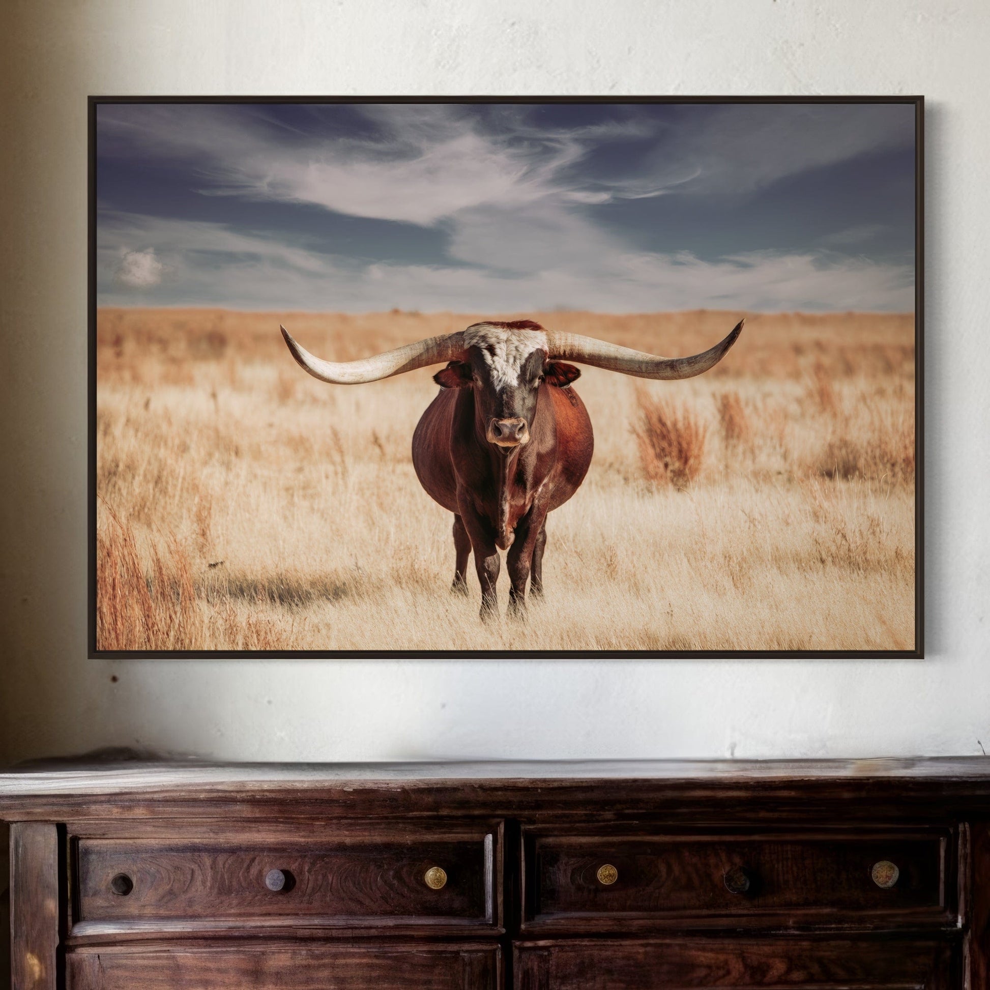 Longhorn Bull and Blue Sky Canvas Wall Art Teri James Photography