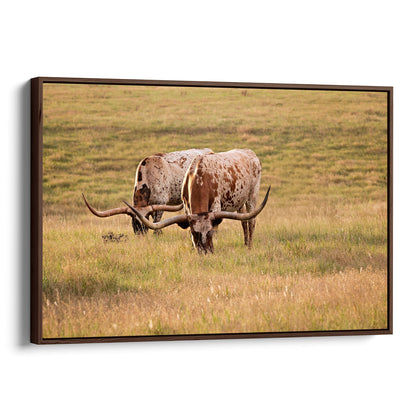 Longhorn Western Artwork - Texas Longhorn Cows Canvas-Walnut Frame / 12 x 18 Inches Wall Art Teri James Photography