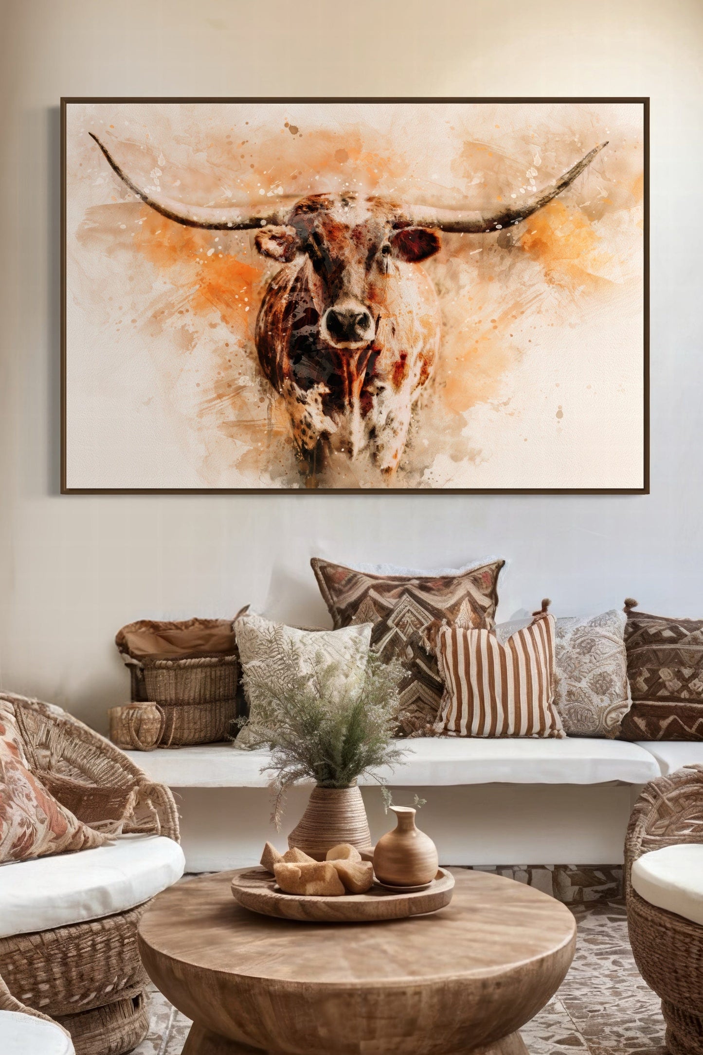 Modern Western Longhorn Art Watercolor Painting Wall Art Teri James Photography