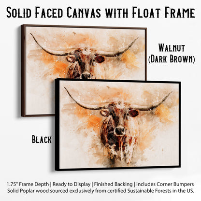 Modern Western Longhorn Art Watercolor Painting Canvas-Black Frame / 12 x 18 Inches Wall Art Teri James Photography