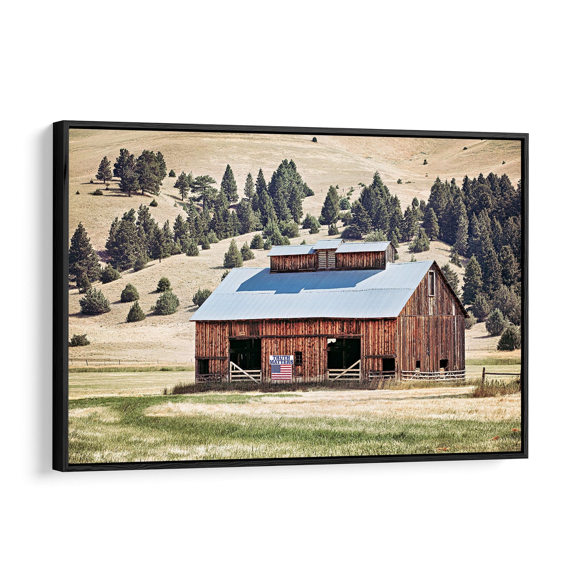 Old Barn and American Flag - Truth Matters Inspirational Canvas-Black Frame / 12 x 18 Inches Wall Art Teri James Photography