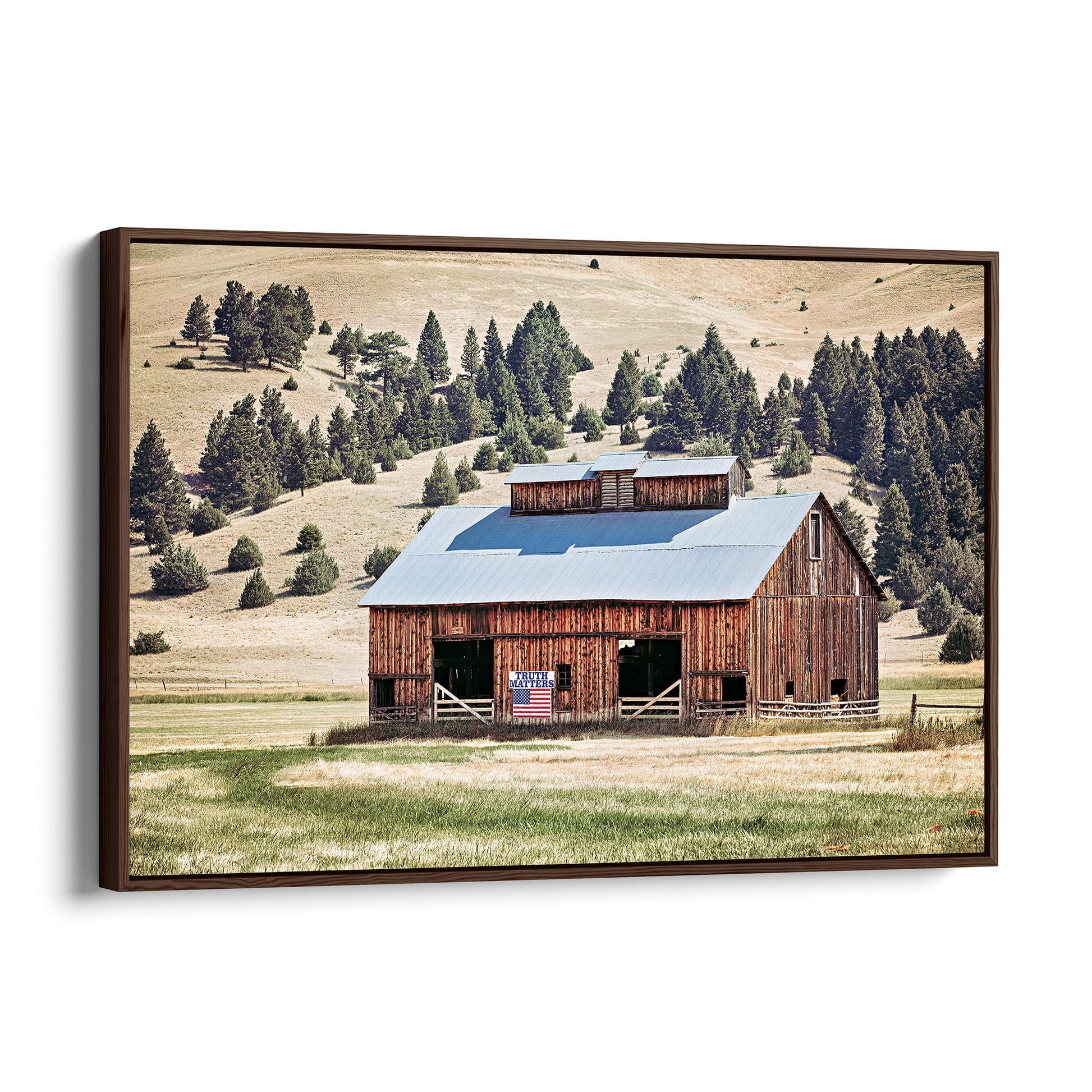 Old Barn and American Flag - Truth Matters Inspirational Canvas-Walnut Frame / 12 x 18 Inches Wall Art Teri James Photography
