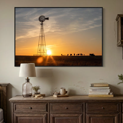 Old Windmill at Sunset with Angus Cattle Wall Art Teri James Photography