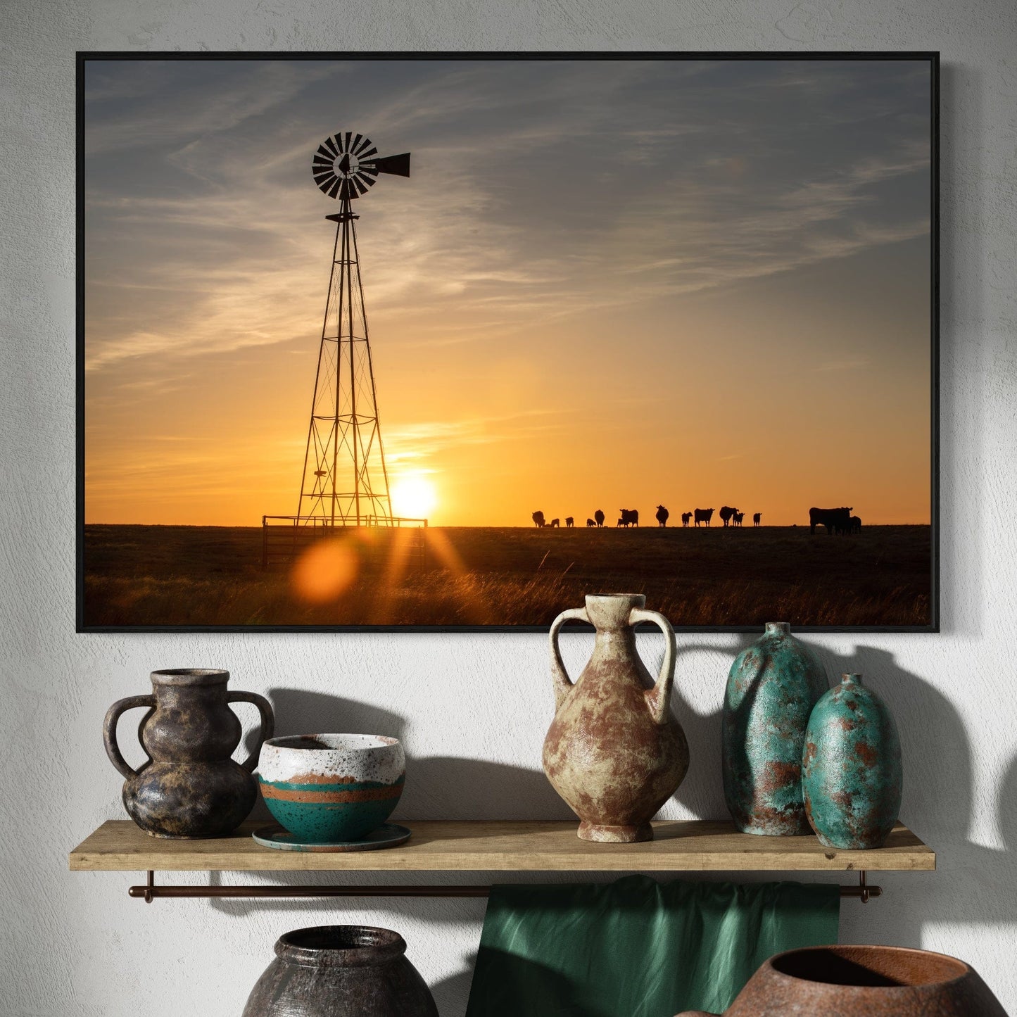 Old Windmill at Sunset with Angus Cattle Wall Art Teri James Photography