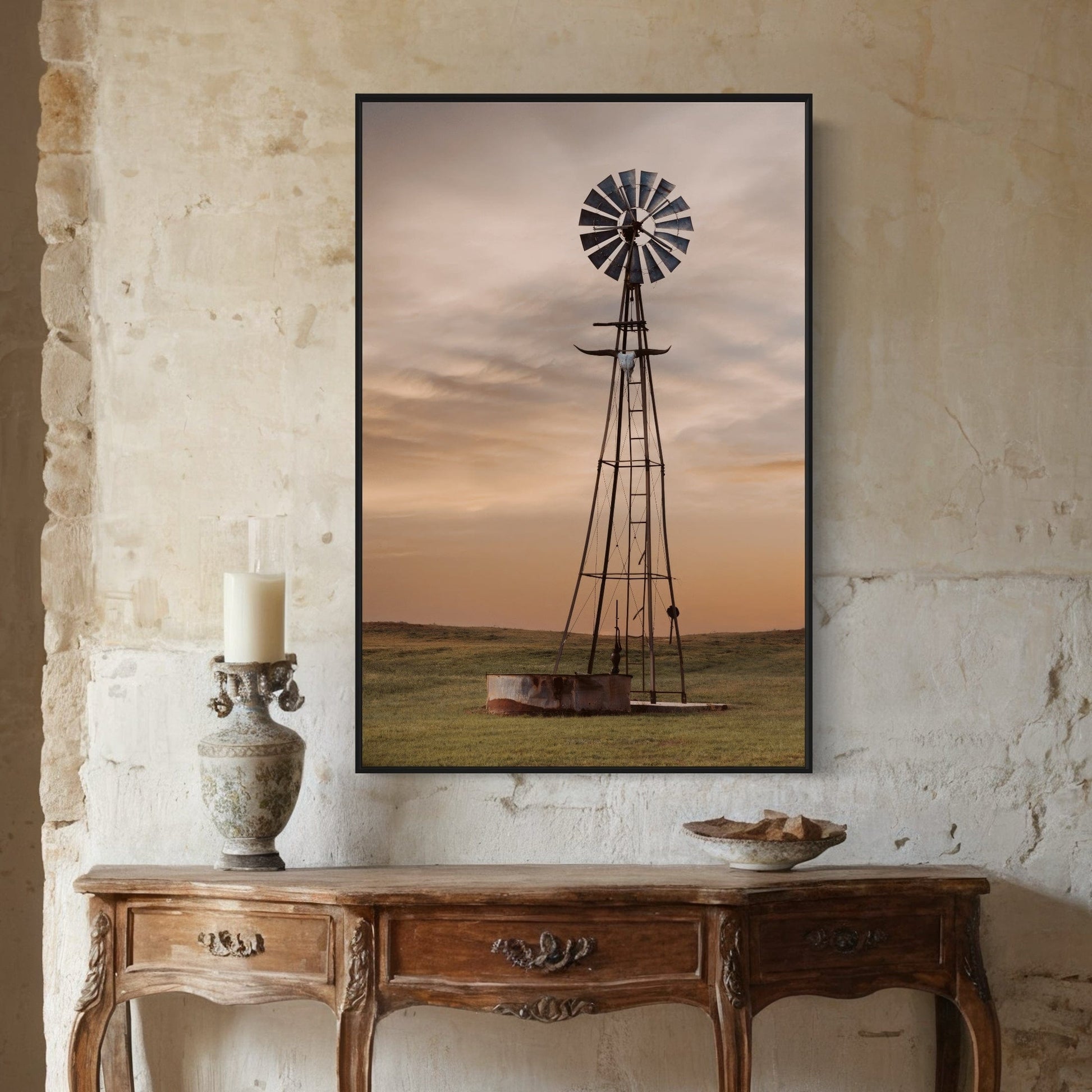 Old Windmill with Longhorn Skull and Horns Wall Art Teri James Photography