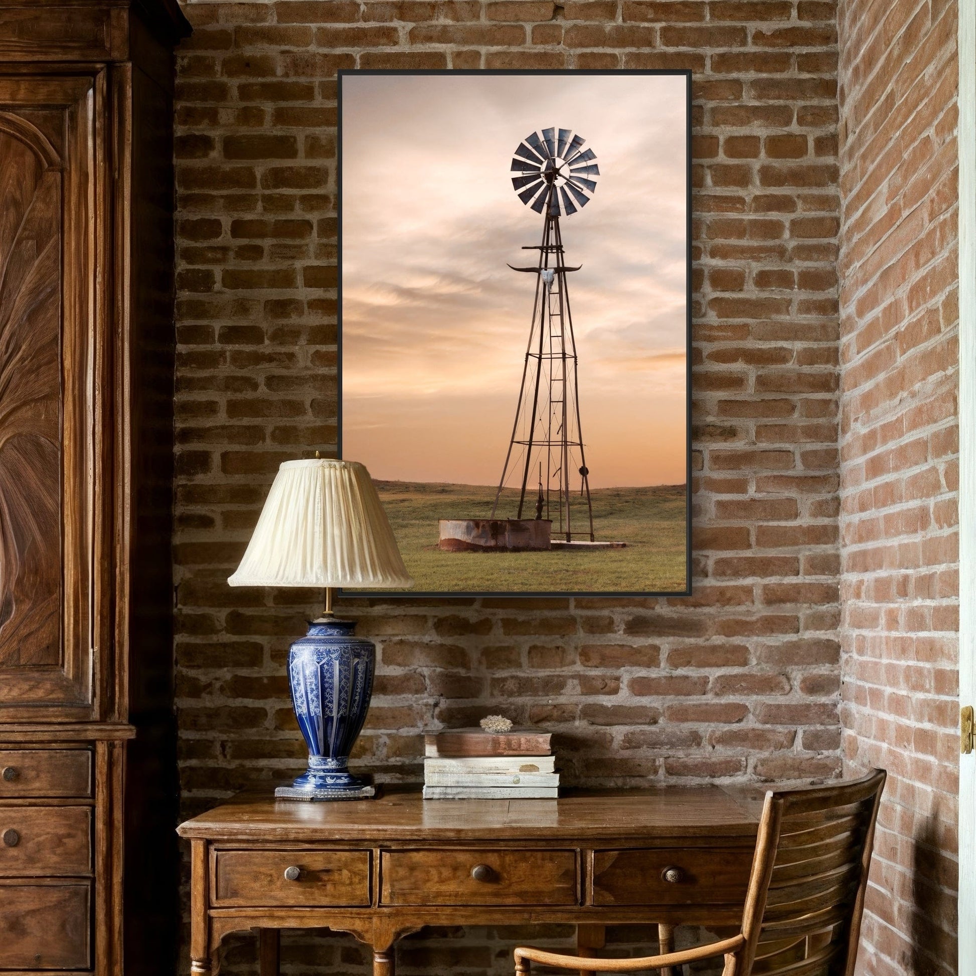 Old Windmill with Longhorn Skull and Horns Wall Art Teri James Photography