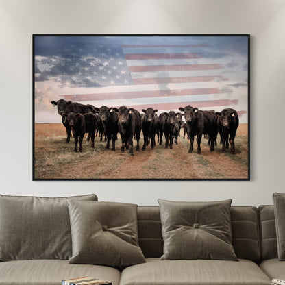 Patriotic Black Angus Cattle with American Flag Wall Art Teri James Photography