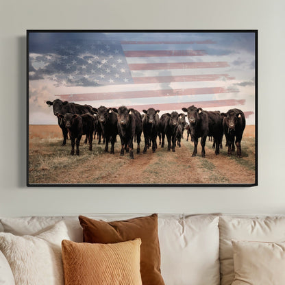 Patriotic Black Angus Cattle with American Flag Wall Art Teri James Photography