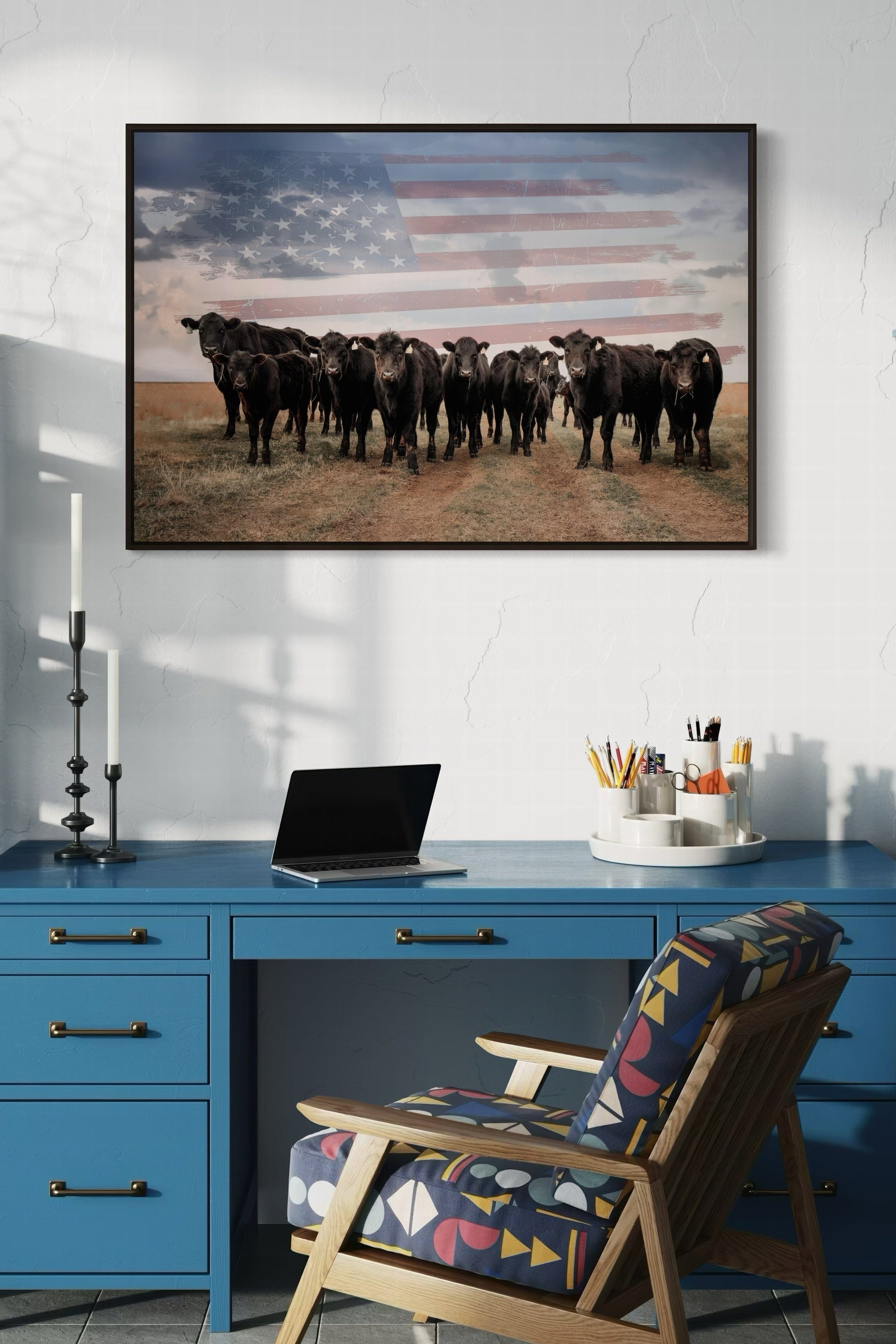 Patriotic Black Angus Cattle with American Flag Wall Art Teri James Photography