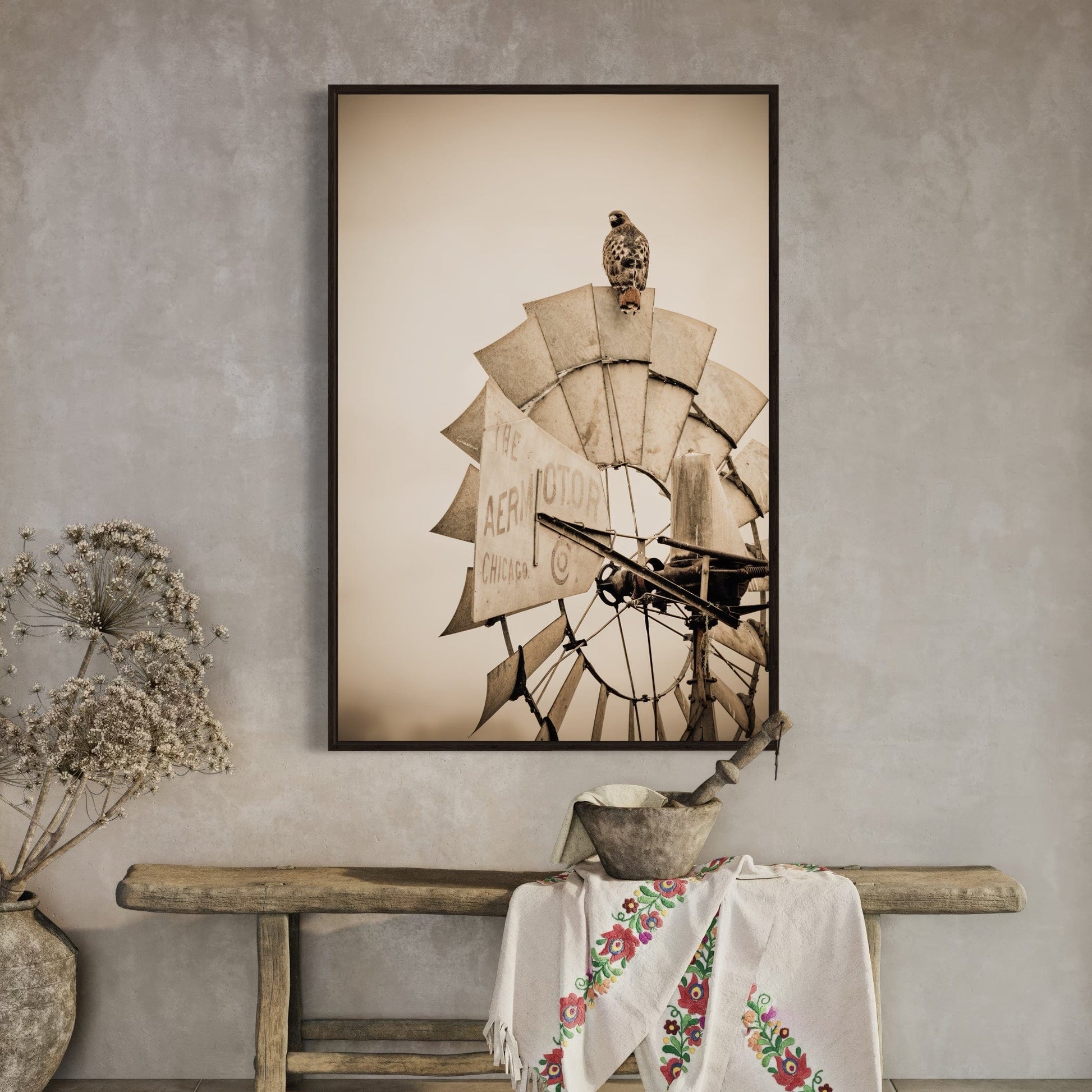 Rustic Farmhouse Wall Decor - Old Windmill and Hawk Wall Art Teri James Photography