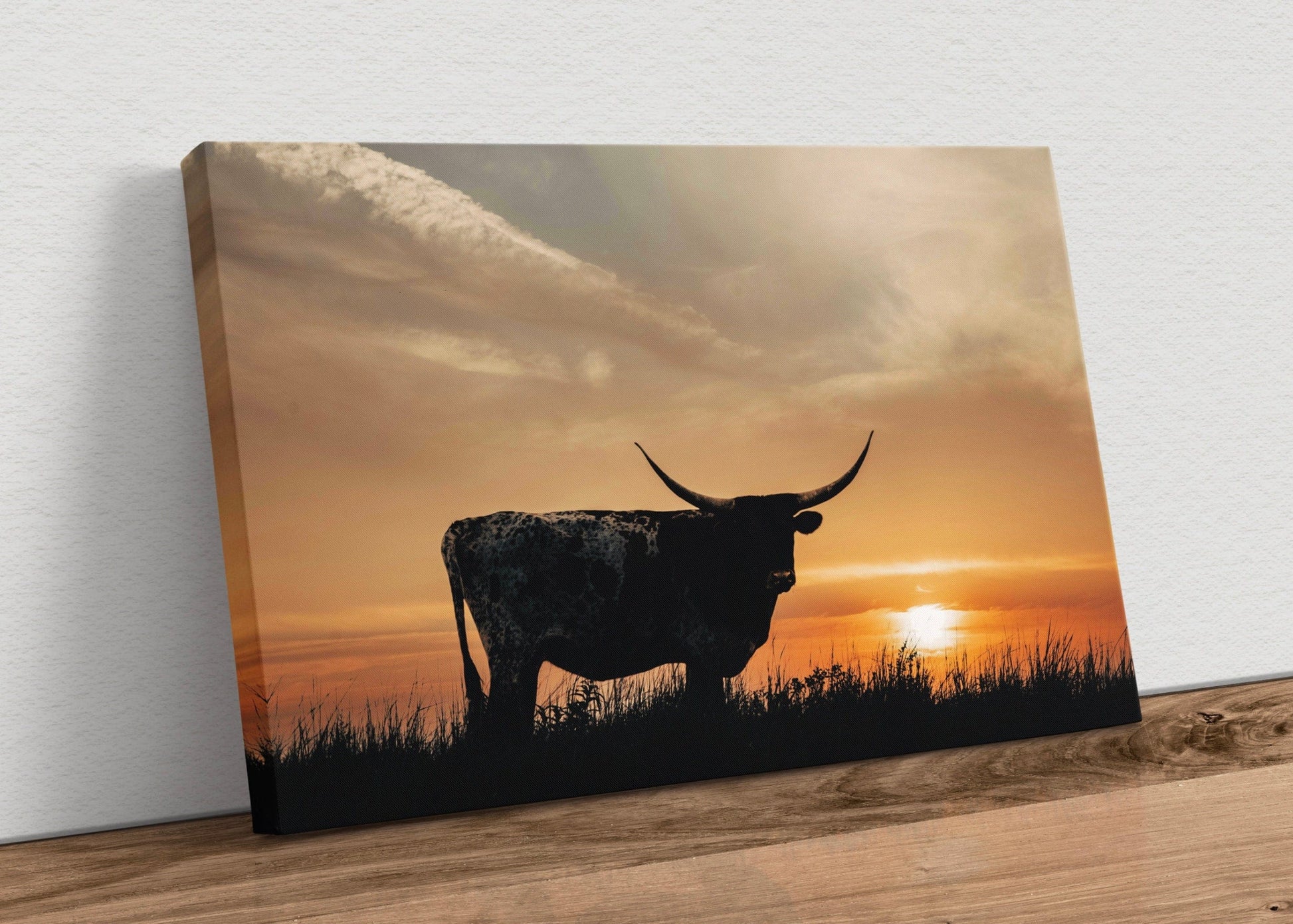 Texas Longhorn Sunset Canvas Print Canvas-Unframed / 12 x 18 Inches Wall Art Teri James Photography