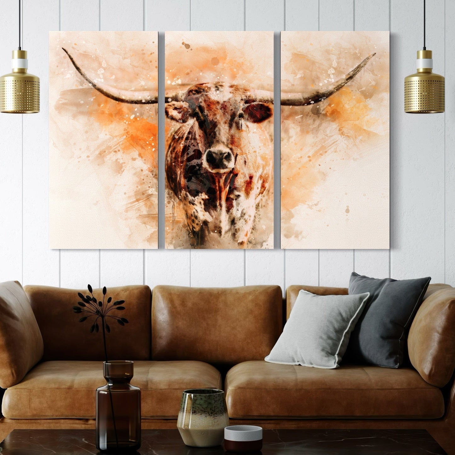 Texas Longhorn Watercolor Triptych Wall Art Teri James Photography