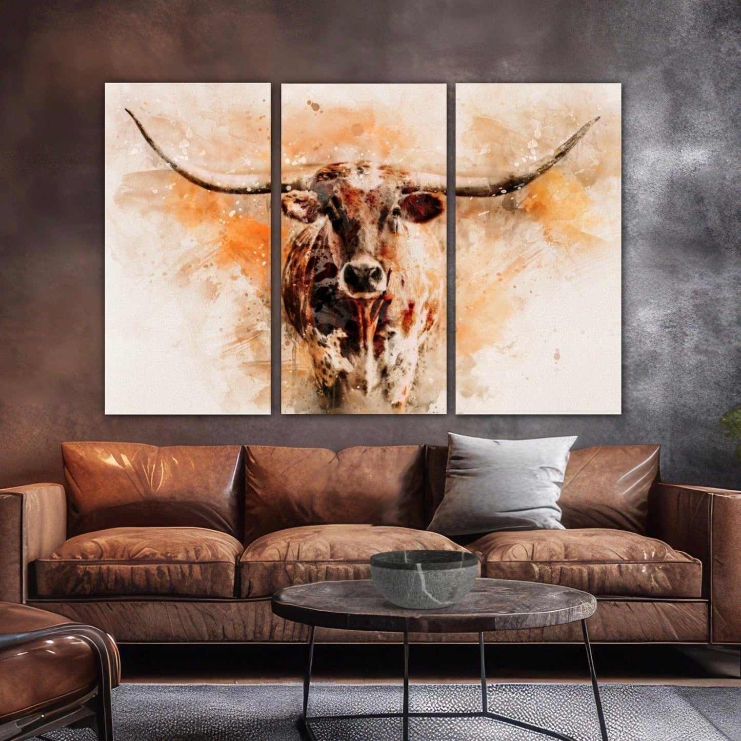 Texas Longhorn Watercolor Triptych Wall Art Teri James Photography