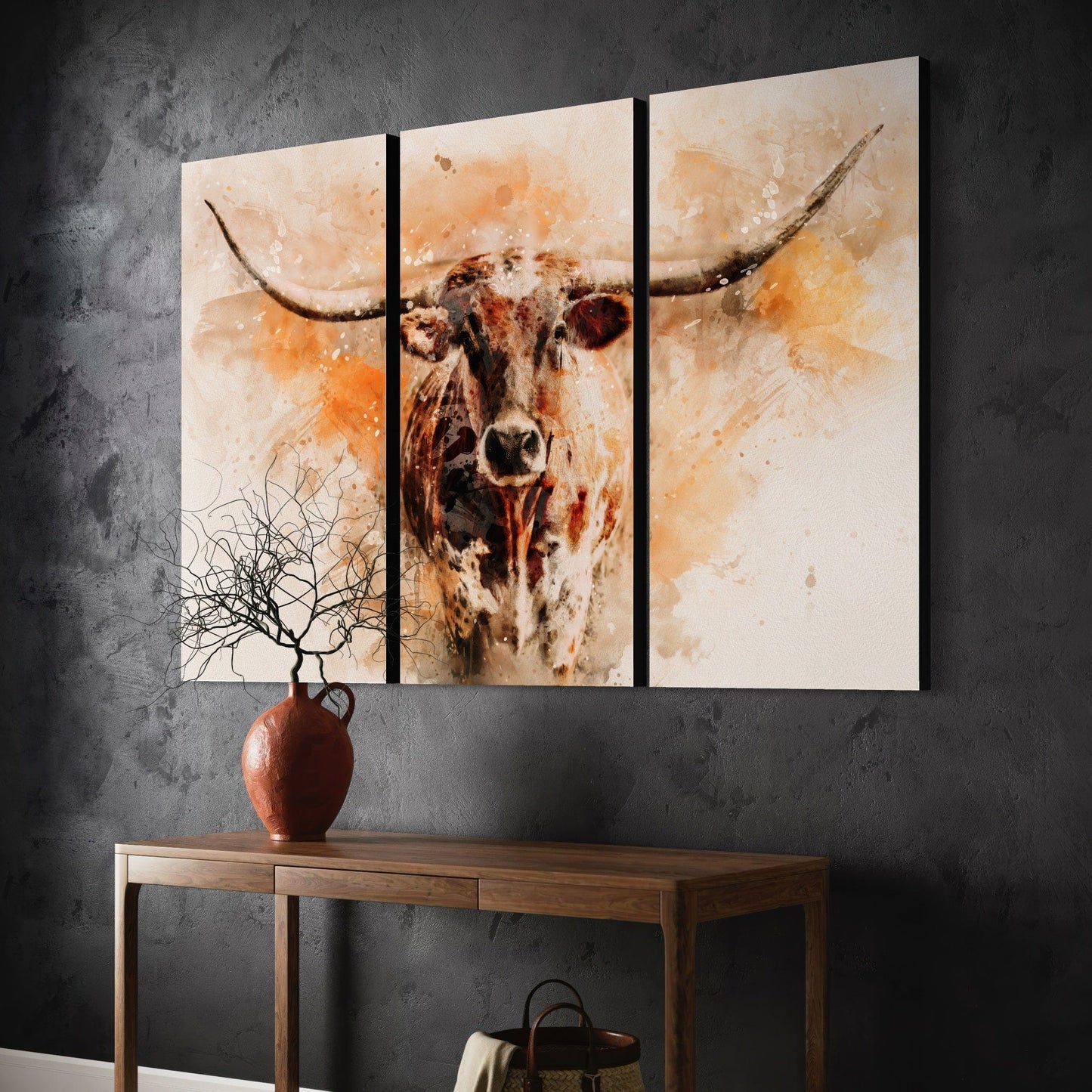 Texas Longhorn Watercolor Triptych Wall Art Teri James Photography