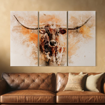 Texas Longhorn Watercolor Triptych Wall Art Teri James Photography