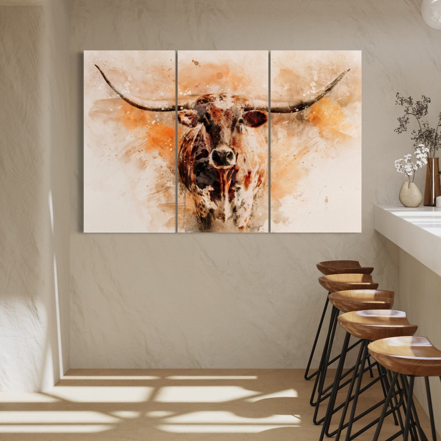 Texas Longhorn Watercolor Triptych Wall Art Teri James Photography