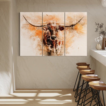 Texas Longhorn Watercolor Triptych Wall Art Teri James Photography