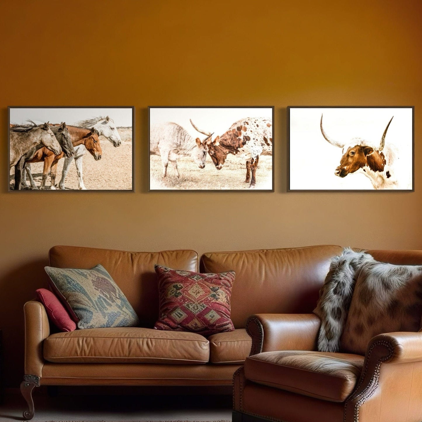 Western Art Set of 3 Prints - Longhorn & Horse Wall Art Teri James Photography