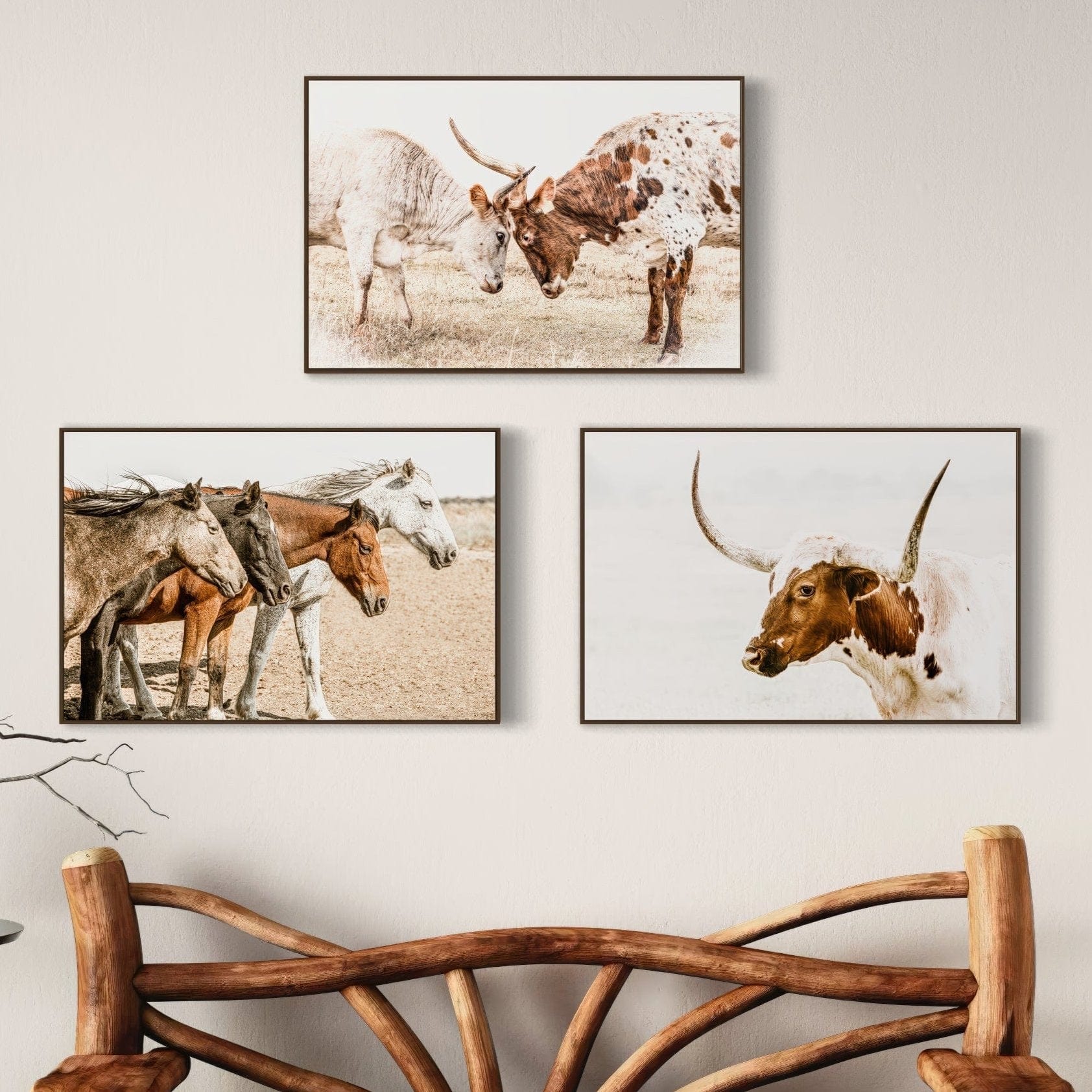 Western Art Set of 3 Prints - Longhorn & Horse Wall Art Teri James Photography