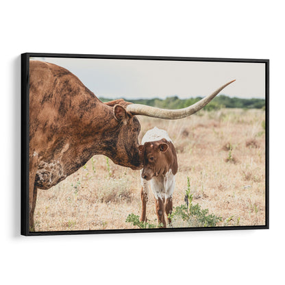 Western Home Wall Decor - Longhorn Cow and Calf Canvas Canvas-Black Frame / 12 x 18 Inches Wall Art Teri James Photography