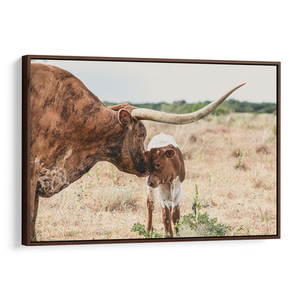 Western Home Wall Decor - Longhorn Cow and Calf Canvas Canvas-Walnut Frame / 12 x 18 Inches Wall Art Teri James Photography