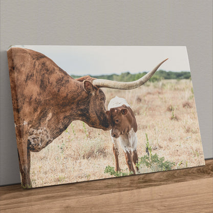 Western Home Wall Decor - Longhorn Cow and Calf Canvas Canvas-Unframed / 12 x 18 Inches Wall Art Teri James Photography