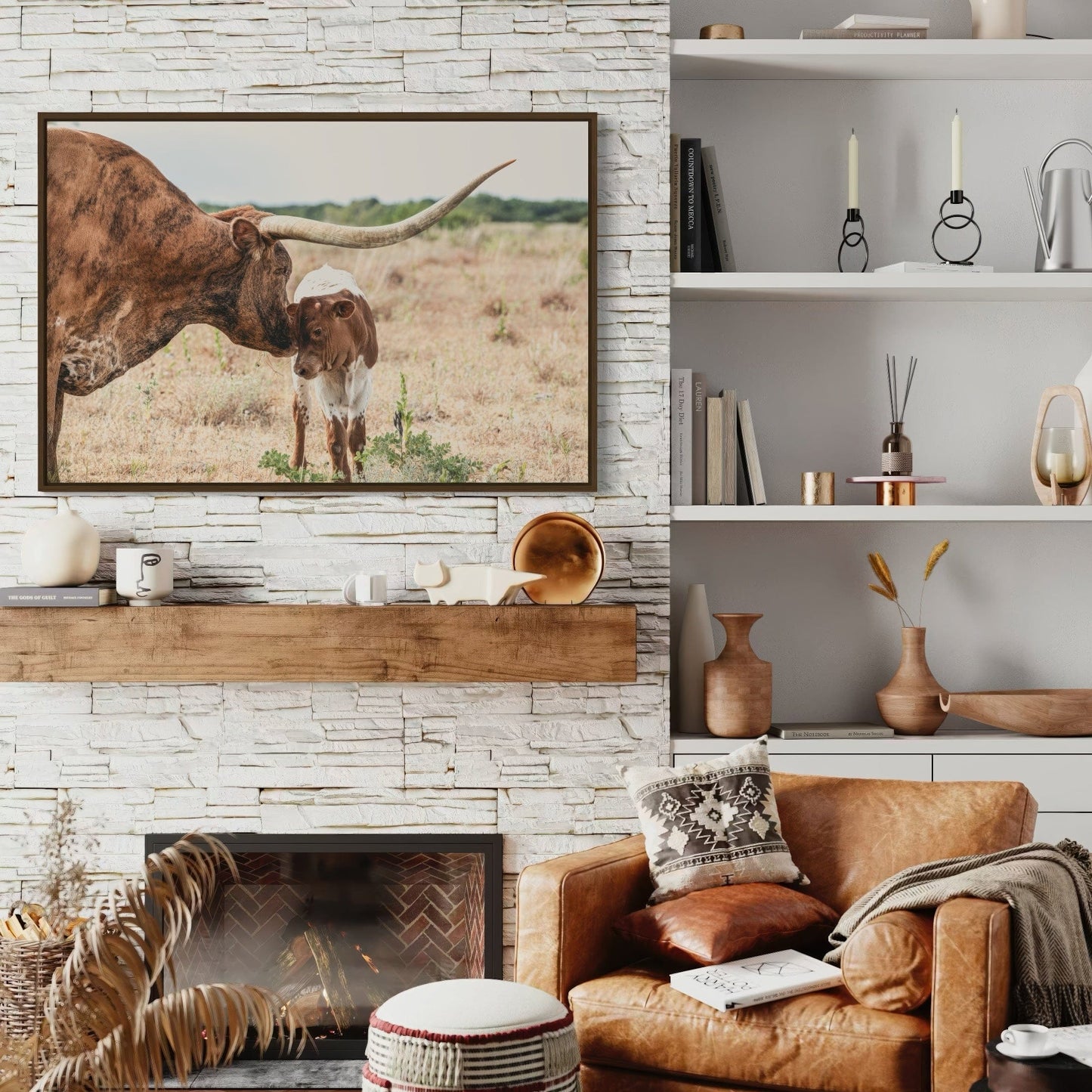 Western Home Wall Decor - Longhorn Cow and Calf Canvas Wall Art Teri James Photography