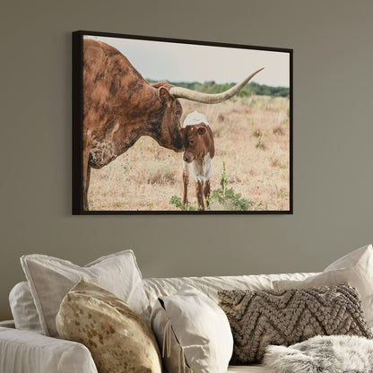 Western Home Wall Decor - Longhorn Cow and Calf Canvas Wall Art Teri James Photography