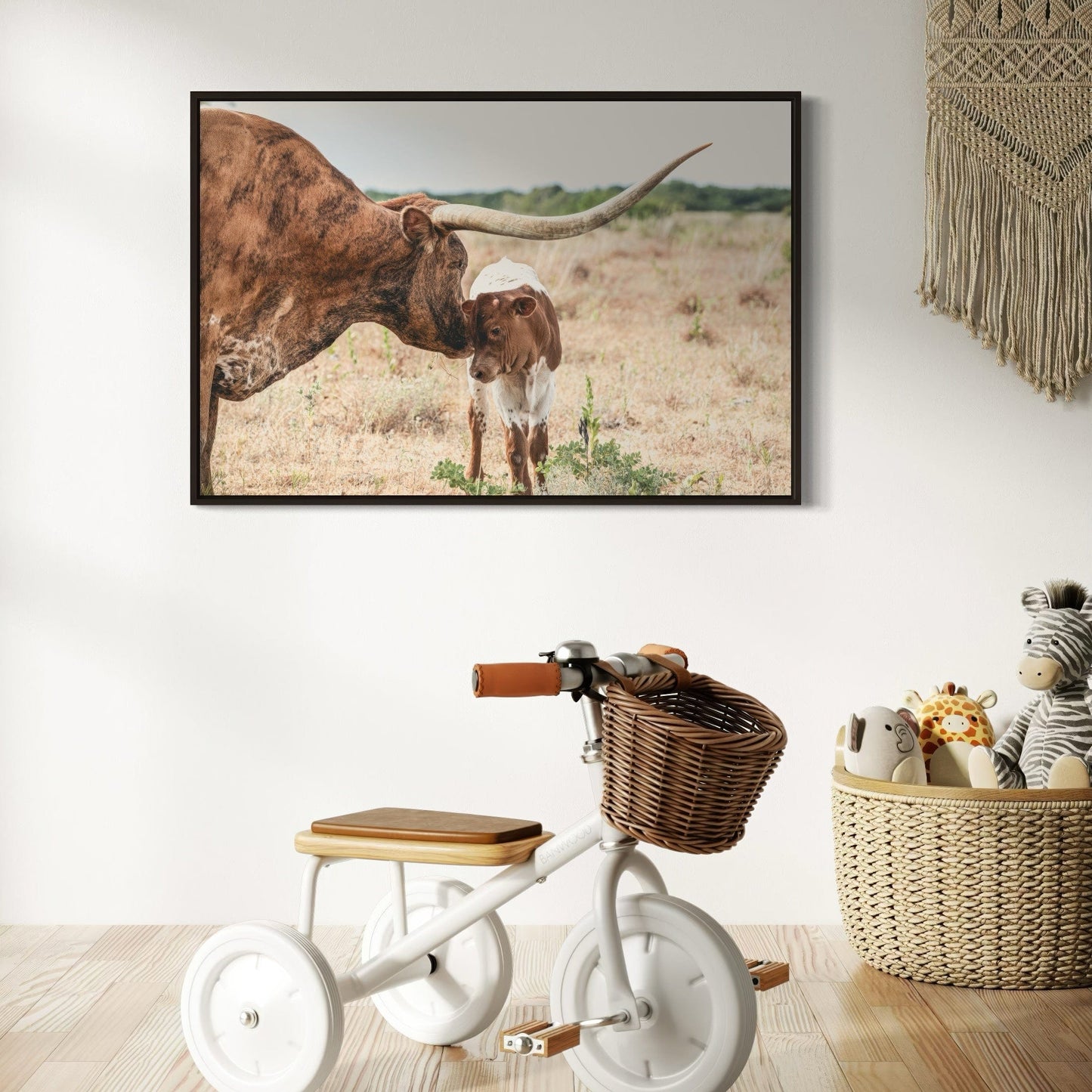 Western Home Wall Decor - Longhorn Cow and Calf Canvas Wall Art Teri James Photography