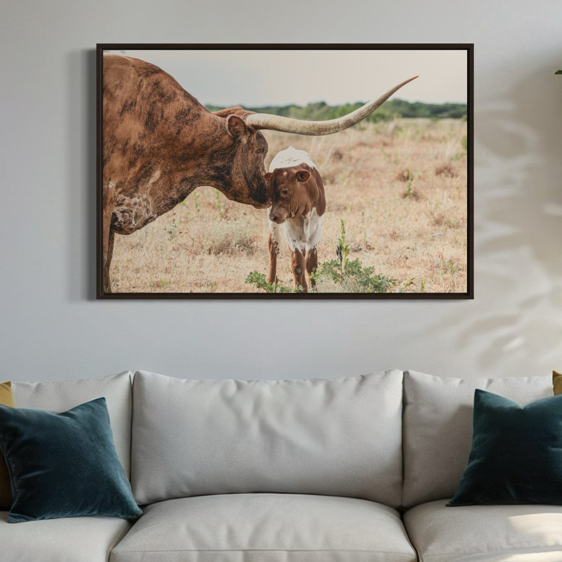 Western Home Wall Decor - Longhorn Cow and Calf Canvas Wall Art Teri James Photography