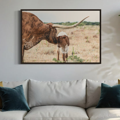 Western Home Wall Decor - Longhorn Cow and Calf Canvas Wall Art Teri James Photography