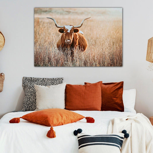 Texas Longhorn Cow in Tall Grass Canvas Art Wall Art Teri James Photography